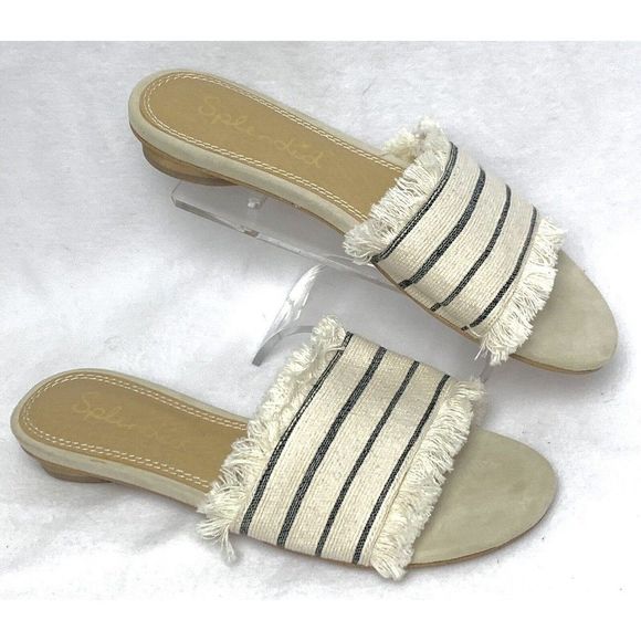 Splendid Baldwyn Ivory & Gray Striped Fringe Slides Size 6 Sandals Open Toe - Picture 3 of 12